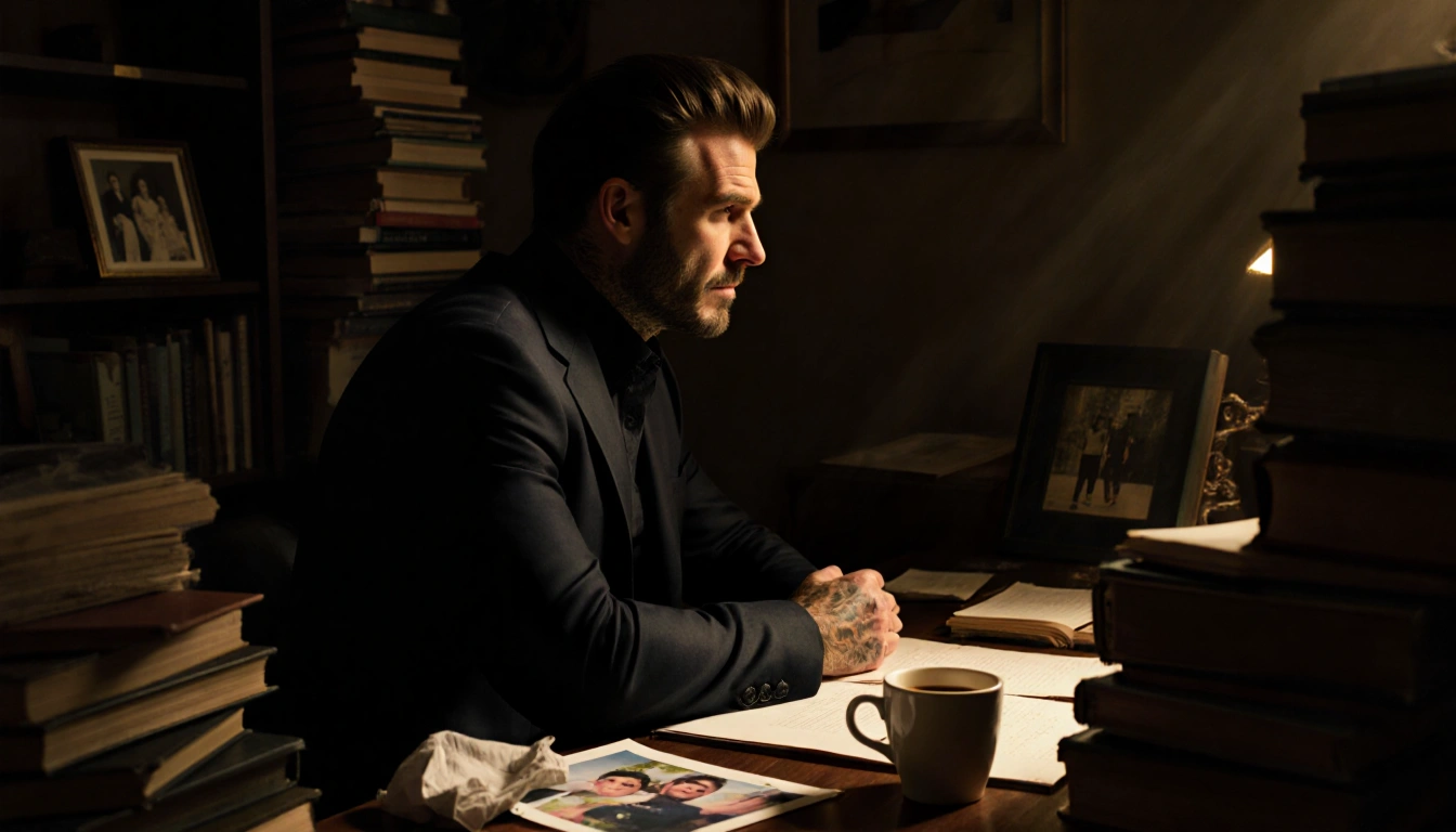David Beckham sitting alone in a dimly lit study with a faded family photo on a shelf in background.