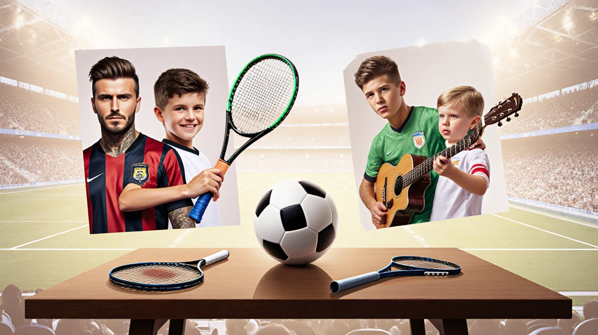 Table with a soccer ball and tennis rackets sits amid warm lighting with overlapping Beckham family images in a collage