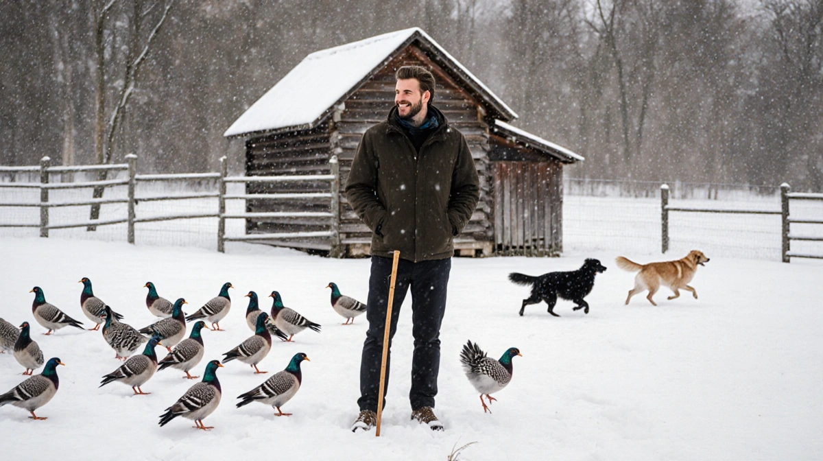 Beckham stands with gentle smile watching birds near wooden coop with dogs playing in snowy field