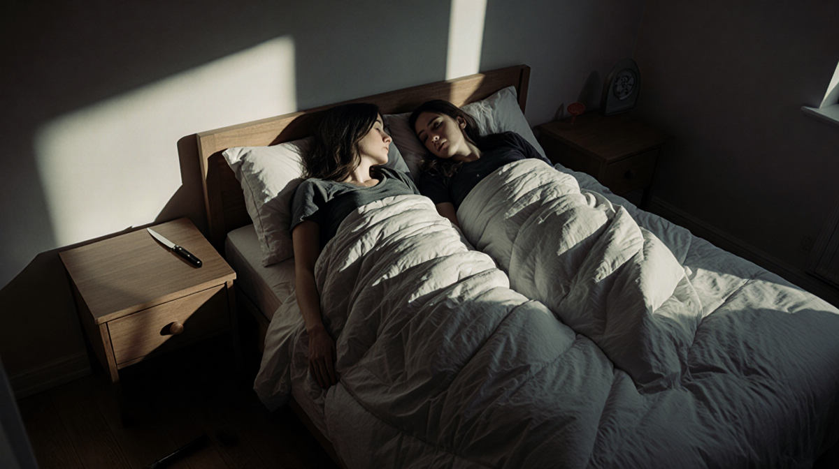 Two young women lying in bed together with dimly lit bedroom and overturned bedside table near a knife.