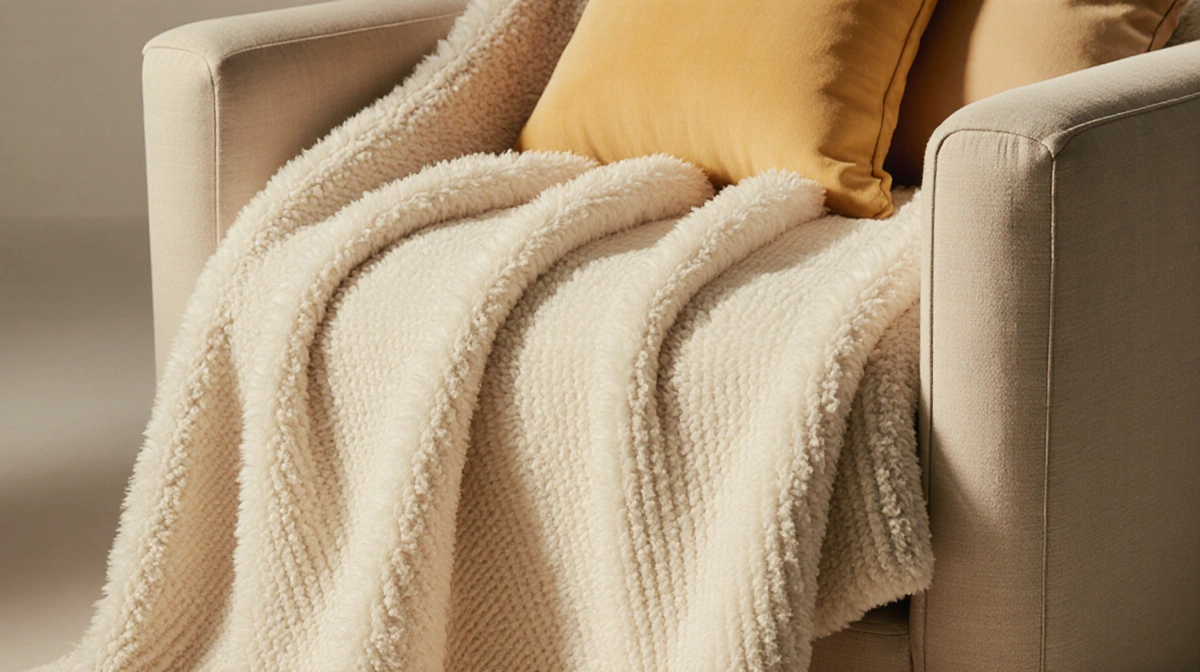 Plush ribbed throw blanket drapes over sofa with pillows and warm golden lighting