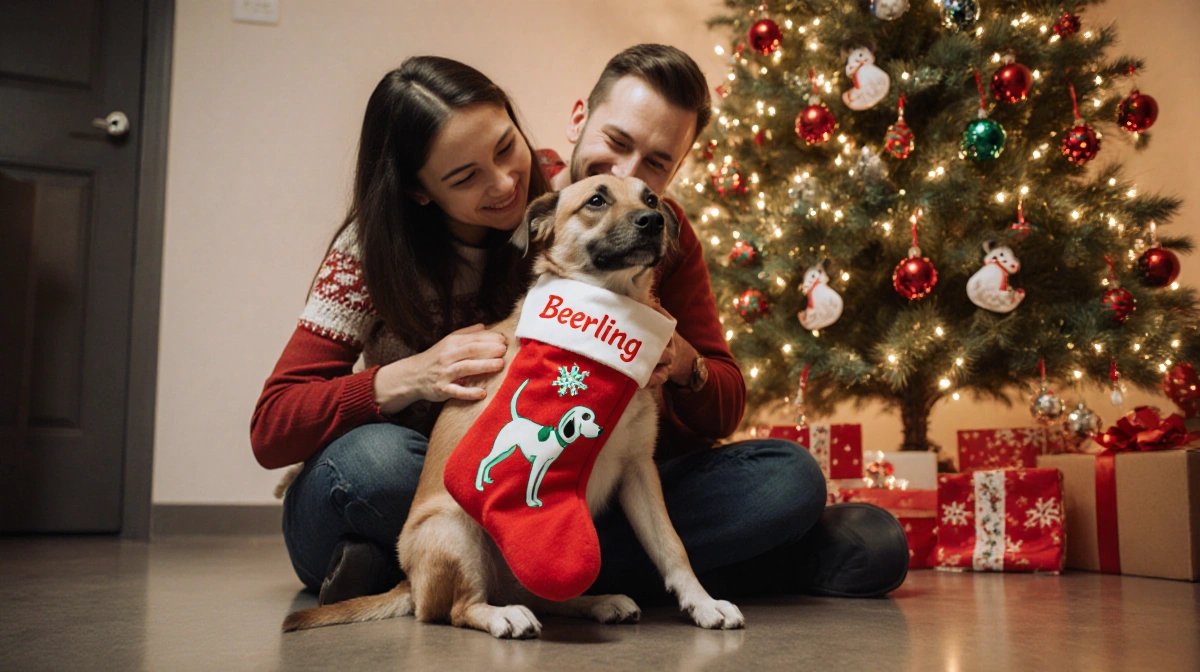 Beerling the rescued puppy hugging his family with festive Christmas decorations and a Christmas tree in the background