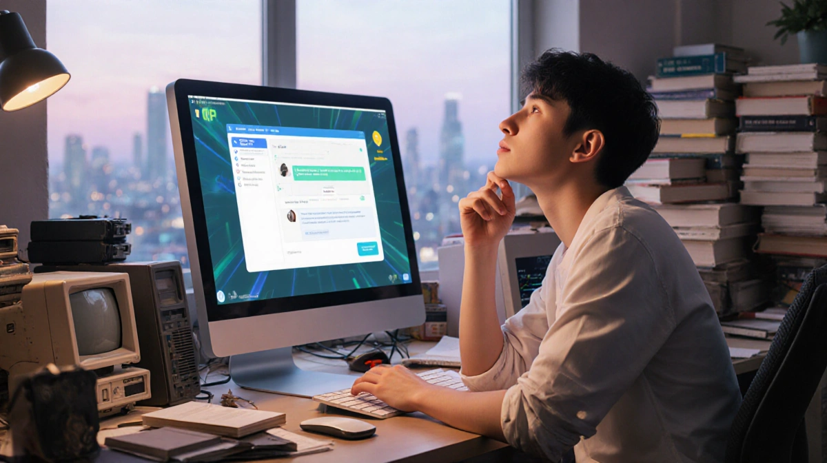 Curious young adult exploring ChatGPT interface on futuristic screen with old computers and AI books nearby
