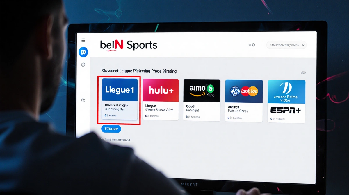 Person streaming sports on TV with beIN Sports highlighted red and Ligue 1 logo showing