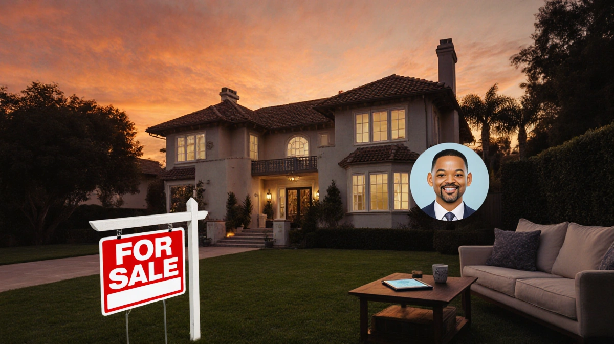 Bel-Air mansion with For Sale sign on lawn and Will Smith's face visible in window with sunset behind