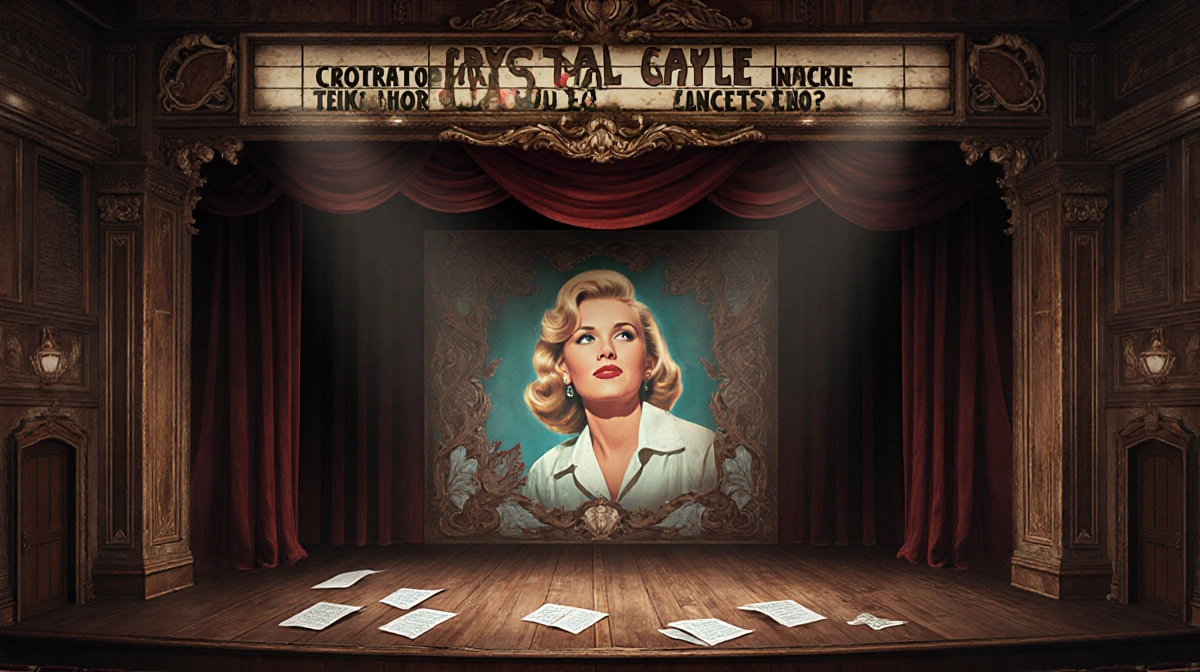 Empty stage with faded Crystal Gayle marquee and scattered sheet music showing cancelled Belfast concert