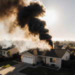 Residential home in Bell Gardens erupting thick smoke with golden light and long shadows