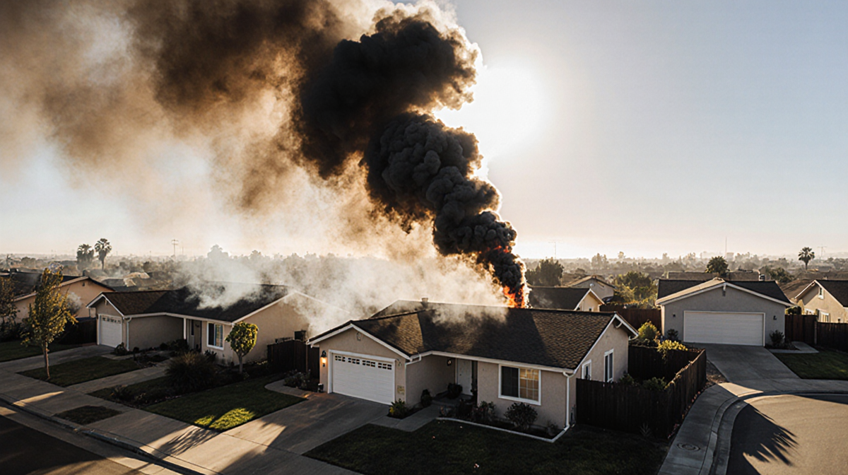 Residential home in Bell Gardens erupting thick smoke with golden light and long shadows