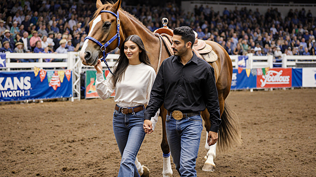 Bella Hadid and Adan Banuelos walking hand-in-hand with a colorful Quarter Horse stallion in a lively Fort Worth horse show.