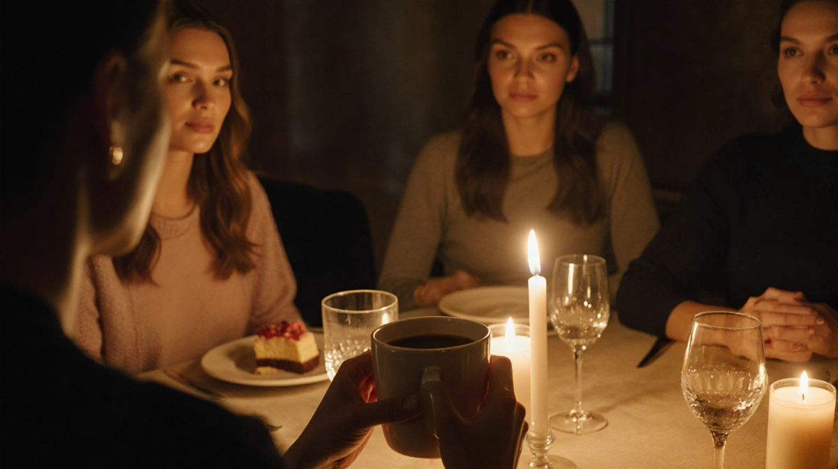 Bella Hadid cradles coffee cup at candlelit table with castmates sharing dessert and warm conversation