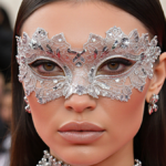 Bella Hadid striking a bold look with lace masquerade mask and silver accents on her forehead amid opulent art deco backgroun