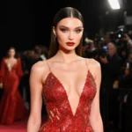 Bella Hadid walking red carpet in red gown with sparkling beading and sleek hair