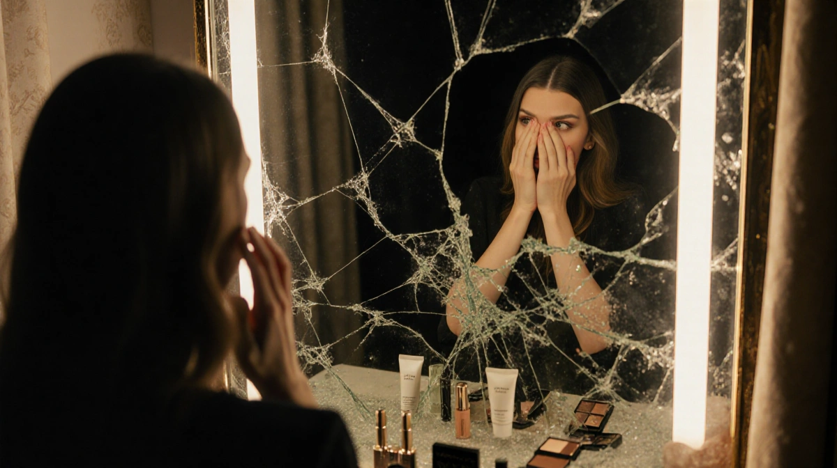 Bella Hadid covering face in panic with broken mirror shards and golden lighting in luxurious dressing room