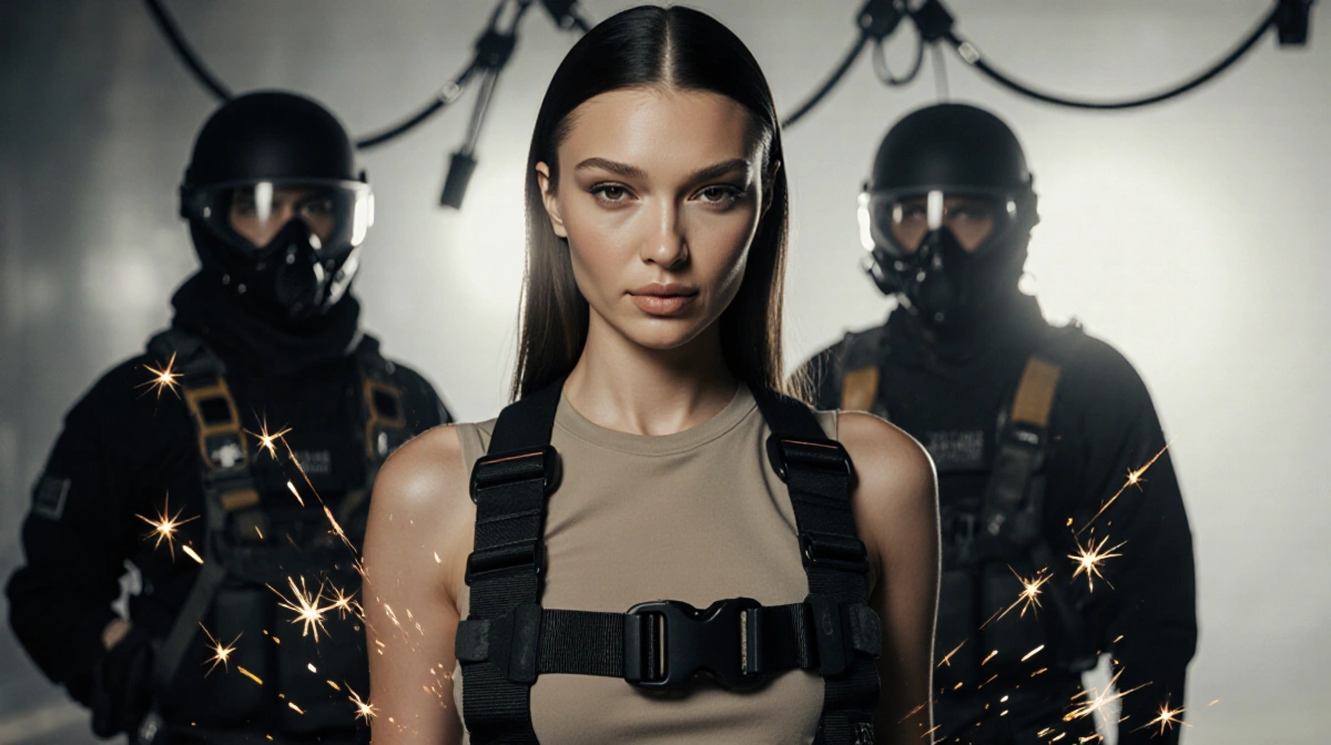 Bella Hadid stands with stunt team near safety gear showing vulnerable expression and blurred film set
