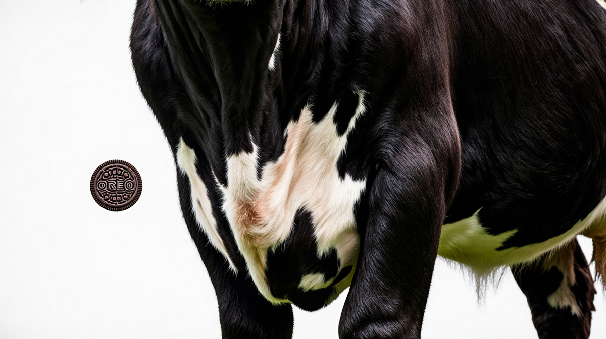 Belted Galloway coat shows white band with Oreo cookie beside.