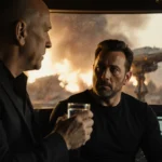 Ben Affleck sitting weakly with Bruce Willis offering water beside him near spaceship models