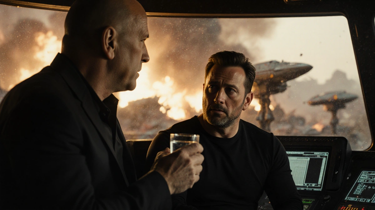 Ben Affleck sitting weakly with Bruce Willis offering water beside him near spaceship models