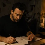 Ben Affleck writing at cluttered desk with scripts and laptop showing creative workspace