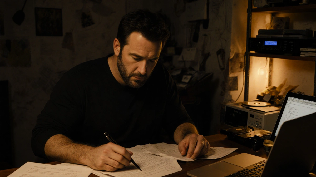 Ben Affleck writing at cluttered desk with scripts and laptop showing creative workspace