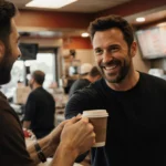 Ben Affleck handing coffee to surprised customer with film crew visible and warm lighting