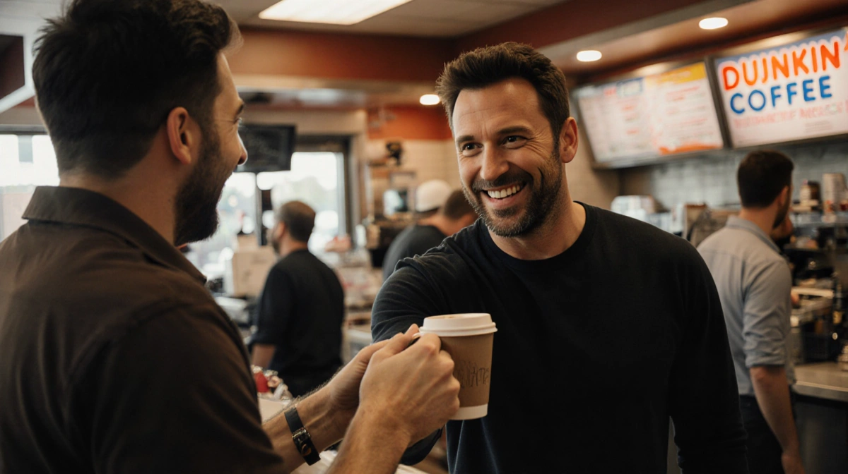 Ben Affleck handing coffee to surprised customer with film crew visible and warm lighting