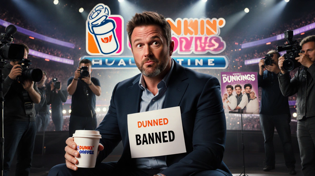 Ben Affleck holding Dunkin coffee with silly face and banned sign while paparazzi shoot near Super Bowl stage