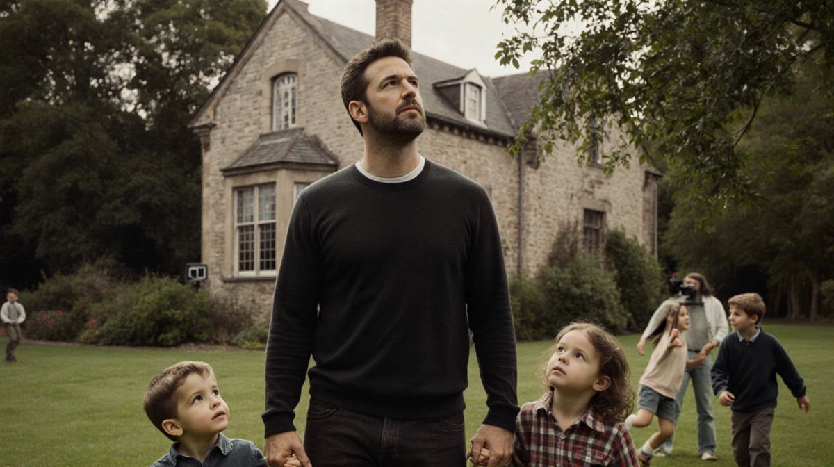 Ben Affleck walking with his children near Cambridge building with Hollywood sign visible through trees
