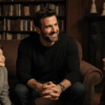 Ben Affleck relaxes with his three kids in cozy library with fireplace and books surrounding them