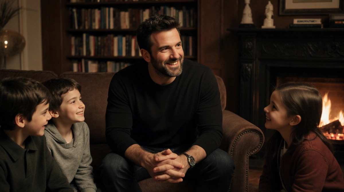 Ben Affleck relaxes with his three kids in cozy library with fireplace and books surrounding them