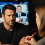 Ben Affleck sits with arms crossed looking concerned while Lisa Barlow speaks near RHOSLC screens showing news headlines