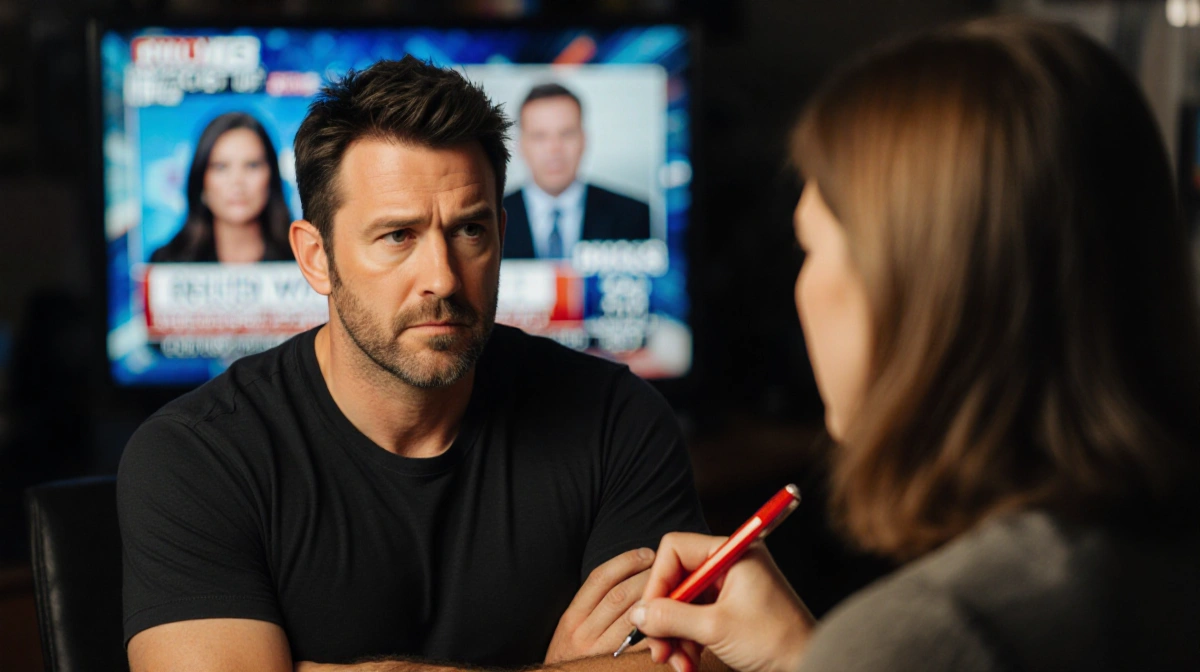 Ben Affleck sits with arms crossed looking concerned while Lisa Barlow speaks near RHOSLC screens showing news headlines