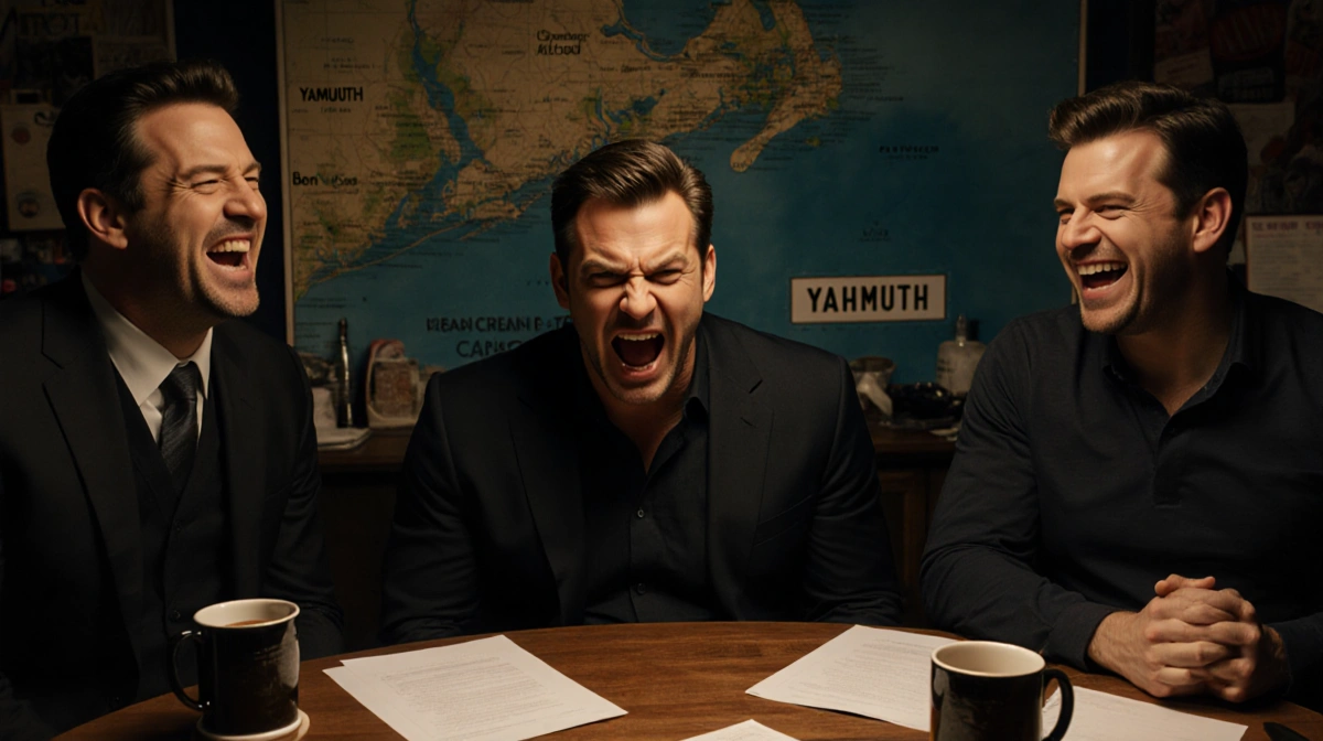 Ben Affleck pointing at Cape Cod map with Matt Damon and Jimmy Fallon laughing at his 'Yahmuth' pronunciation