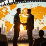 Ben Affleck and Matt Damon shaking hands with Netflix logo and Los Angeles map behind them