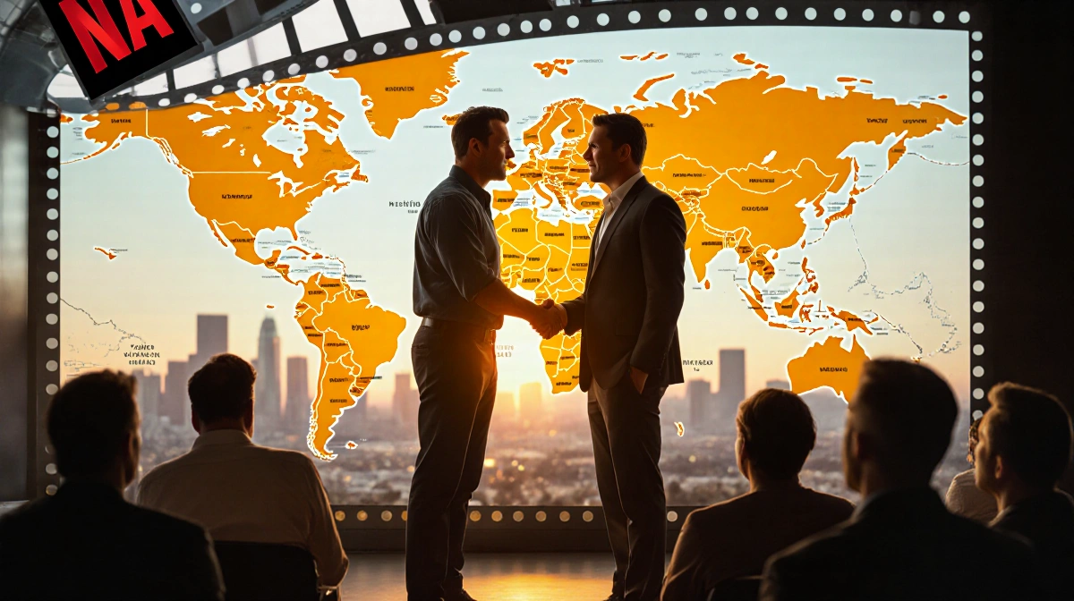 Ben Affleck and Matt Damon shaking hands with Netflix logo and Los Angeles map behind them