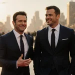 Ben Affleck and Matt Damon stand together at premiere with Ben gesturing and city lights glowing behind them