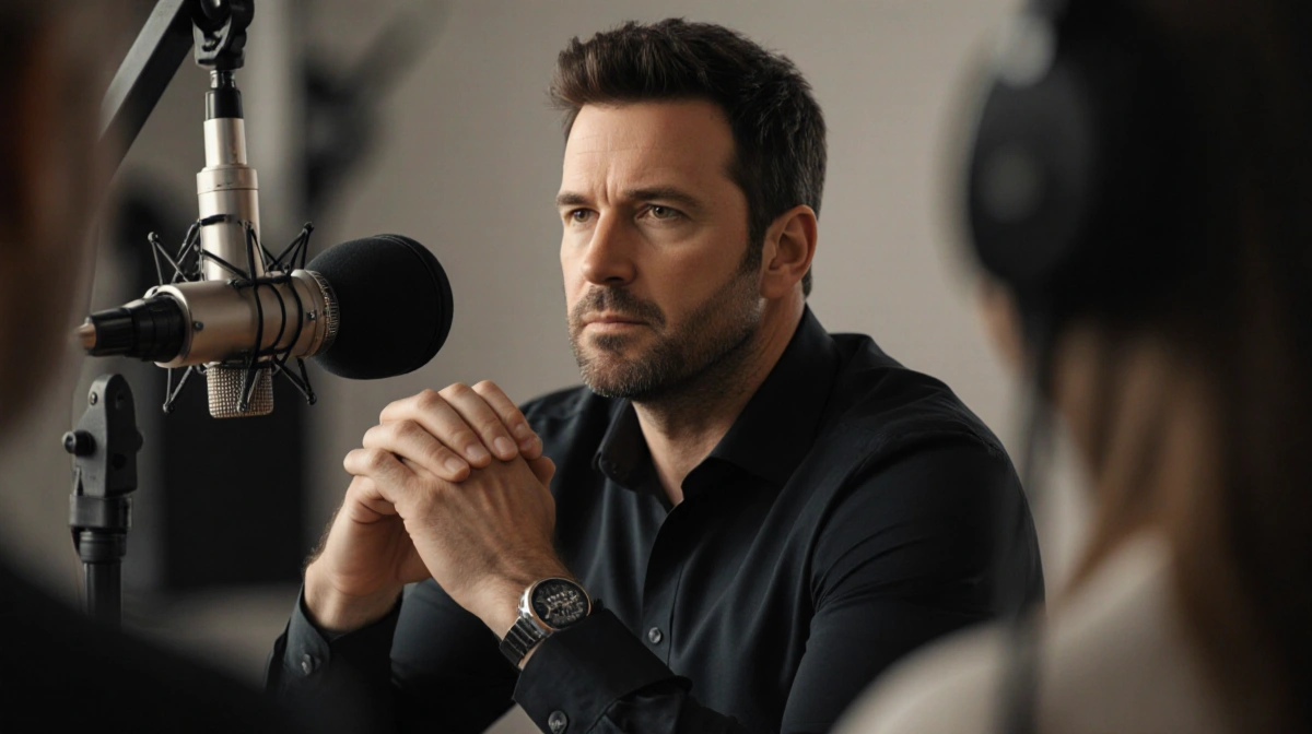 Ben Affleck sits contemplatively with hands clasped before microphone and blurred studio equipment behind