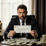 Ben Affleck holds a small check with Oscar statues and cash piles showing his financial frustration