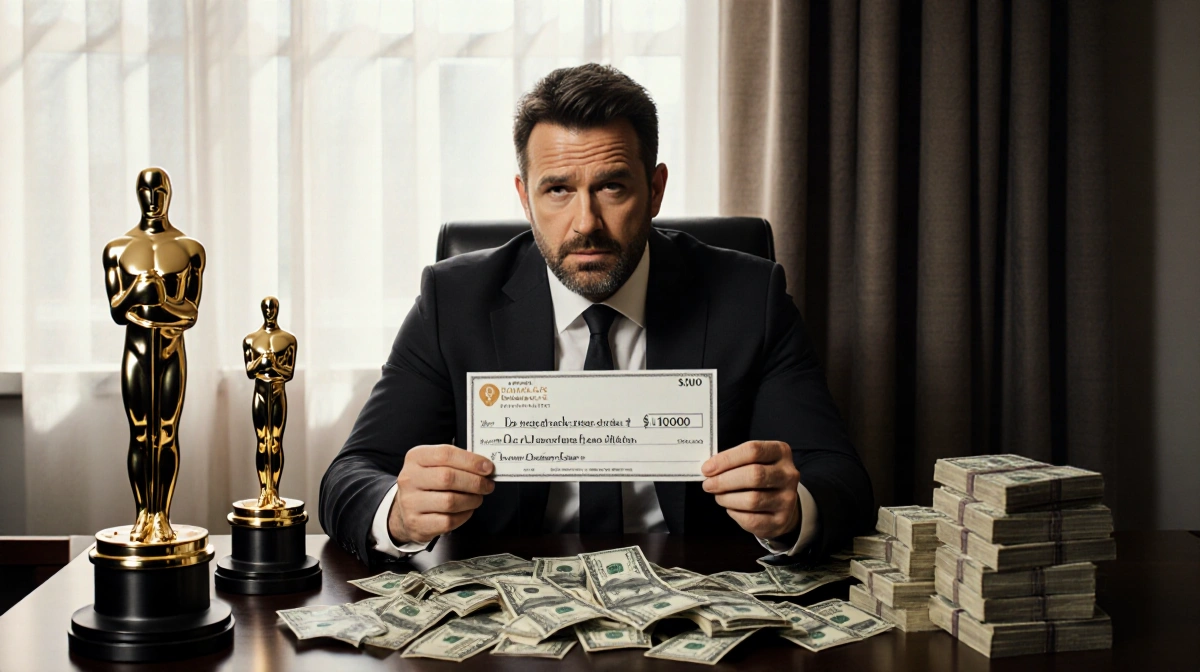 Ben Affleck holds a small check with Oscar statues and cash piles showing his financial frustration