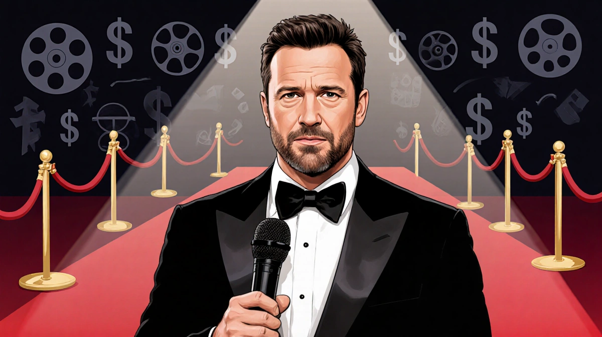 Ben Affleck speaking into microphone with tuxedo and film industry icons in background