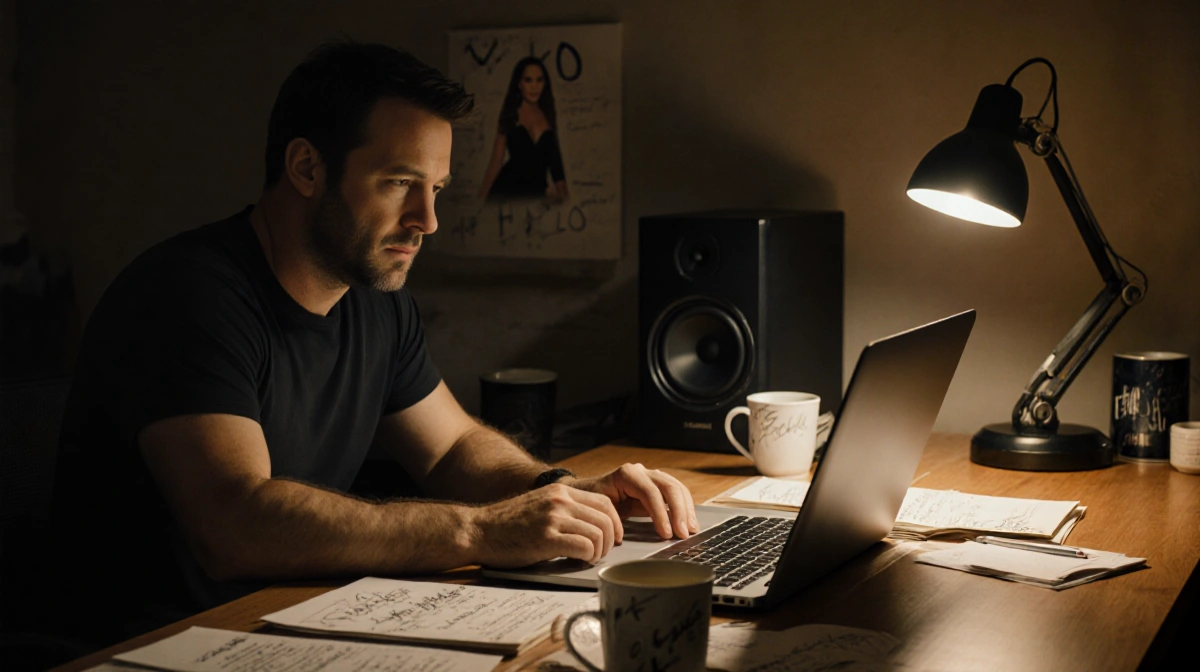 Ben Affleck writing intensely at laptop with coffee cups and notes scattered on desk