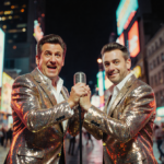 Ben Stiller and Benson Boone dancing with glittery disco outfits and a microphone amid neon city lights.