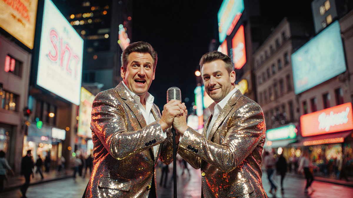 Ben Stiller and Benson Boone dancing with glittery disco outfits and a microphone amid neon city lights.