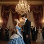 Benedict locks eyes with a woman in a sparkling blue gown as candlelight glows across the grand ballroom with ornate chandeli