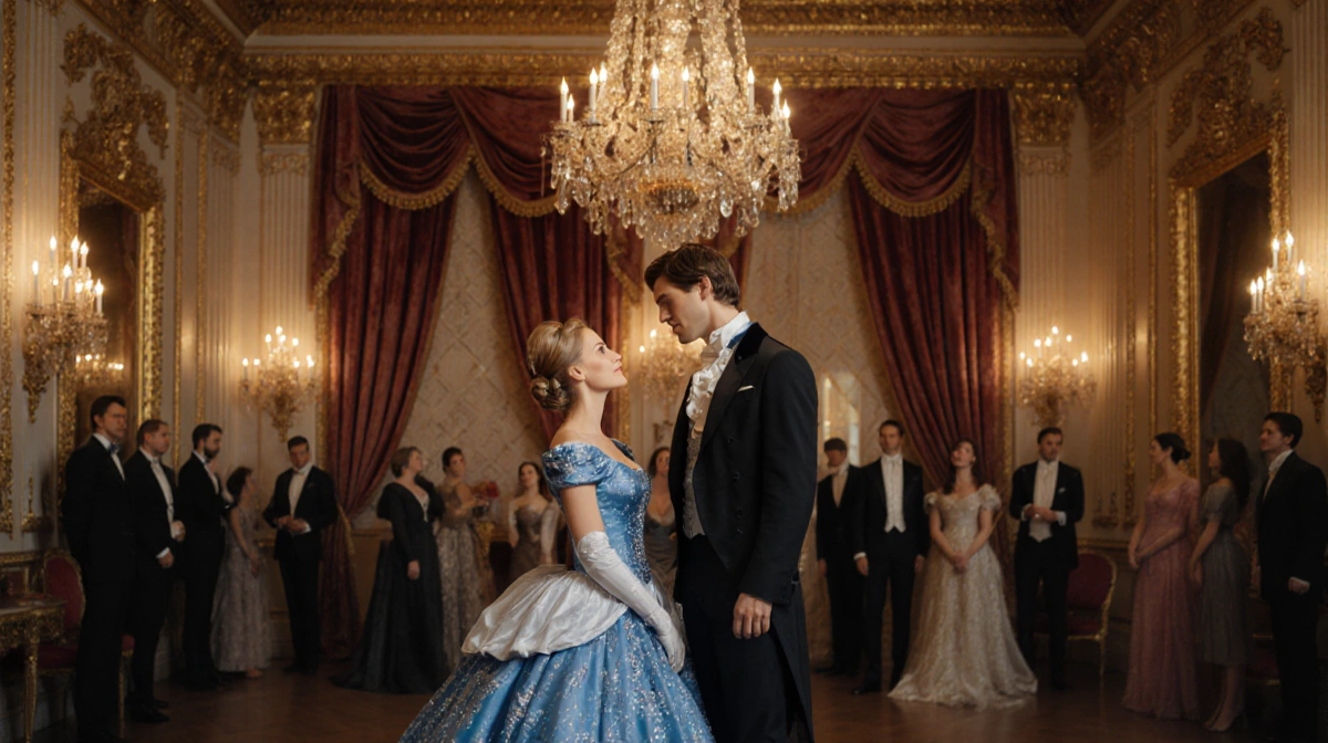 Benedict locks eyes with a woman in a sparkling blue gown as candlelight glows across the grand ballroom with ornate chandeli