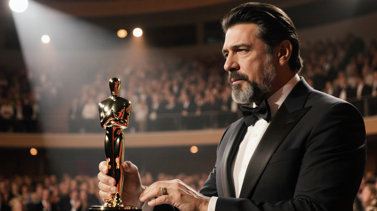 Benicio del Toro holding award with soft spotlight in blurred ceremony background for film 'One Battle After Another