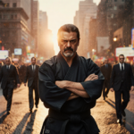 Benicio del Toro as karate sensei stands with arms crossed and intense gaze sunlit shadows and neon reflections behind.