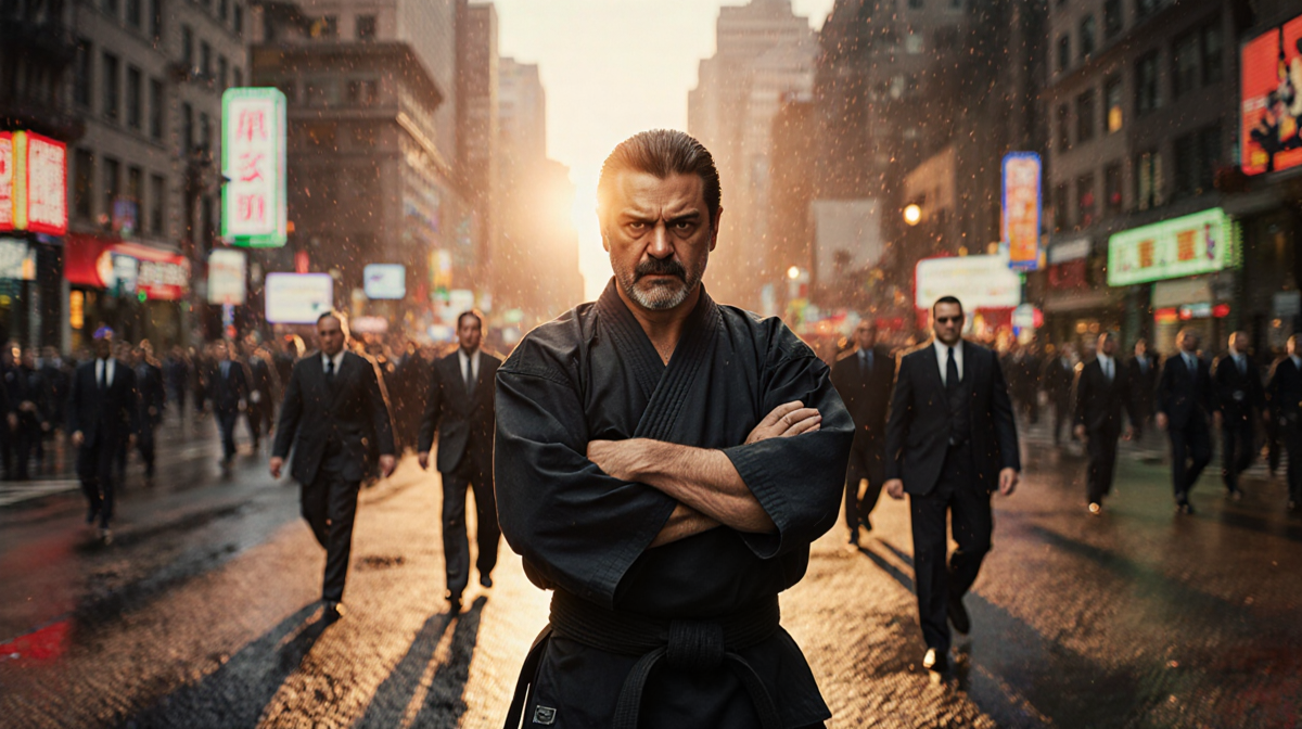 Benicio del Toro as karate sensei stands with arms crossed and intense gaze sunlit shadows and neon reflections behind.