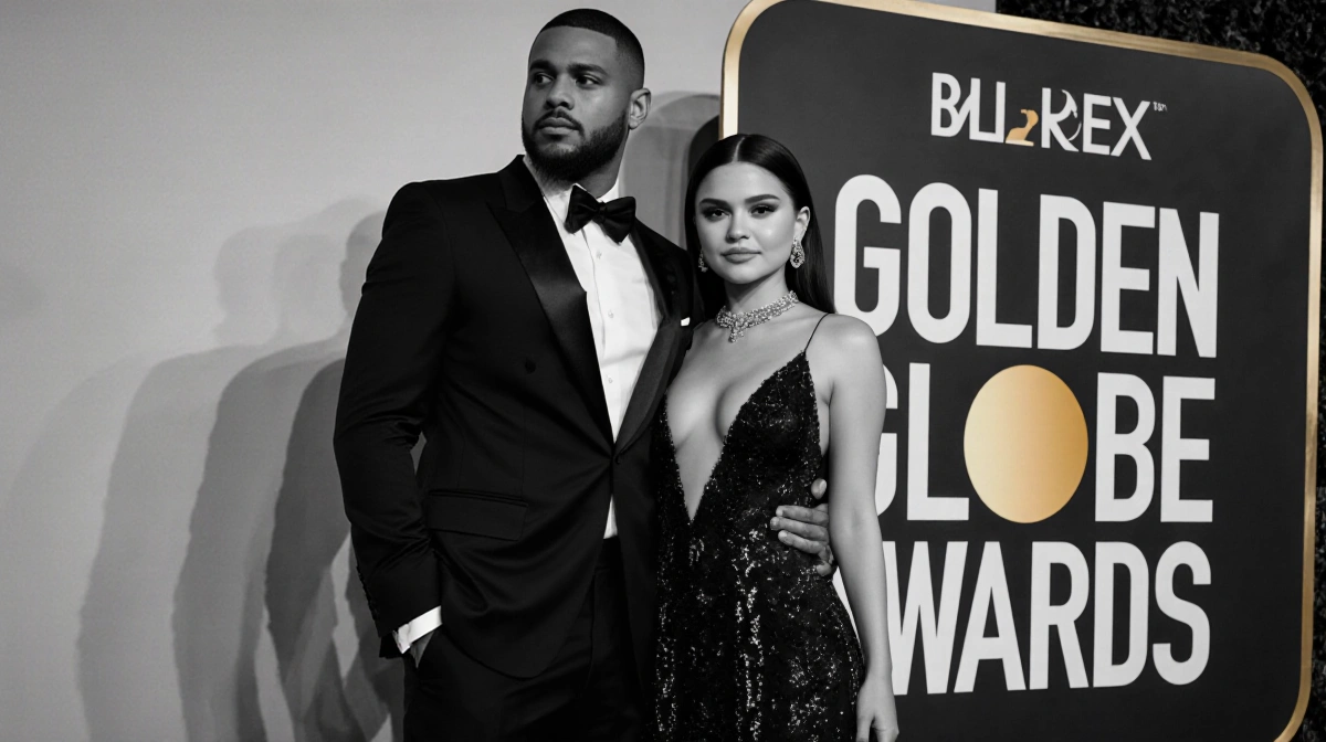 Benny Blanco and Selena Gomez posing together on the red carpet with her hand resting gently on his arm