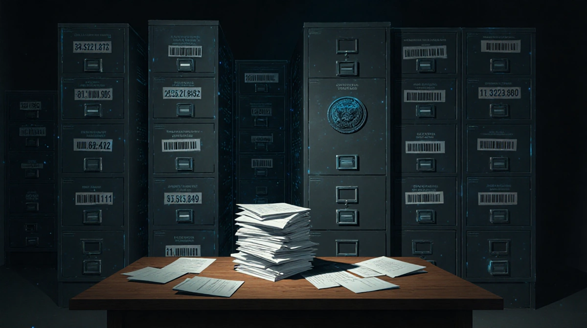 Rows of filing cabinets with deportation data and ICE documents spill across a central table with Gestapo shadow visible on c