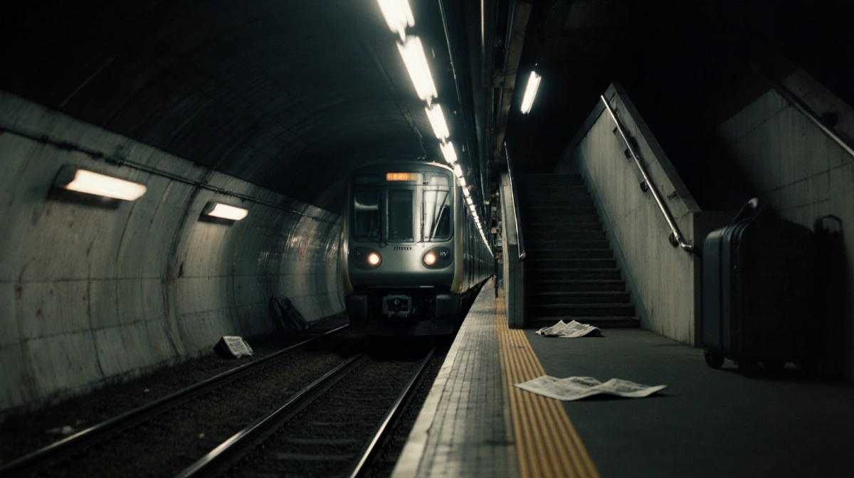 Modern train moves through underground Berlin station with flickering lights and abandoned luggage near stairs